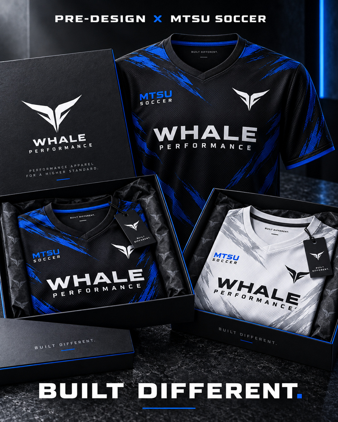 WHALE PERFORMANCE pre-design presentation for MTSU Soccer featuring black, blue and white textured jerseys with premium packaging