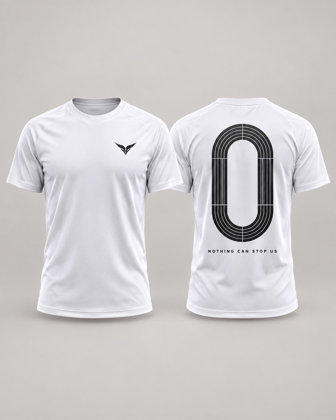 White WHALE PERFORMANCE tee front and running-track back design preview